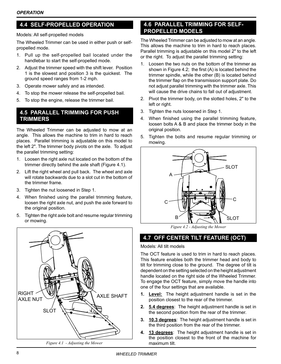 4 self-propelled operation, 5 parallel trimming for push trimmers, 6 parallel trimming for self-propelled models | 7 off center tilt feature (oct) | Echo WT160S Owners Manual v.1 User Manual | Page 12 / 32