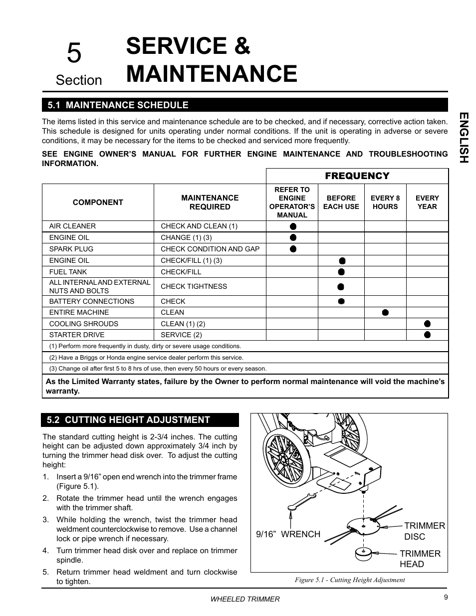 Service & maintenance, 1 maintenance schedule, 2 cutting height adjustment | English | Echo WT160S Owners Manual v.1 User Manual | Page 13 / 32