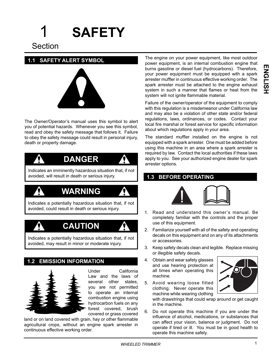 Safety, 1 safety alert symbol, 2 emission information | 3 before operating, Danger, Warning, Caution, English | Echo WT160S Owners Manual v.1 User Manual | Page 5 / 32