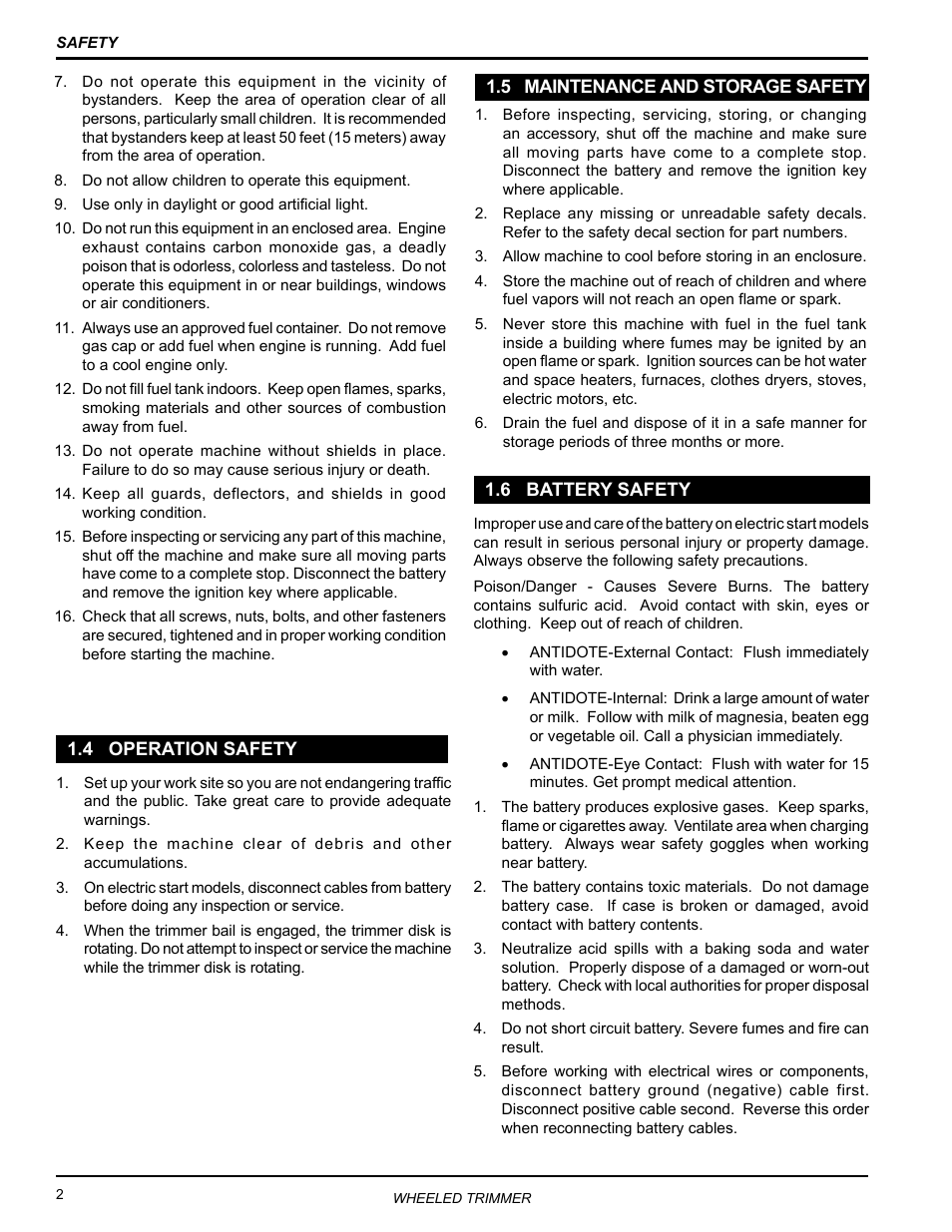 4 operation safety, 5 maintenance and storage safety, 6 battery safety | Echo WT160S Owners Manual v.1 User Manual | Page 6 / 32