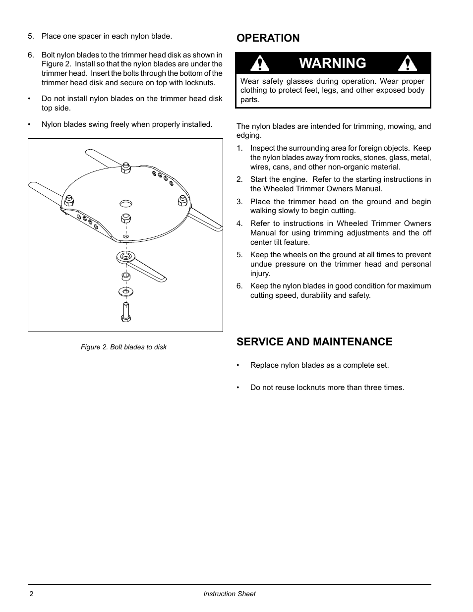 Warning, Operation, Service and maintenance | Echo 73020 Instruction User Manual | Page 2 / 4