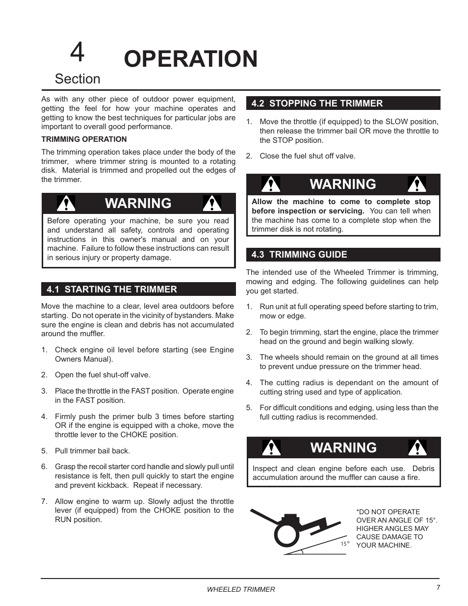 Operation, 1 starting the mower, 2 stopping the mower | 3 trimming guide, Warning | Echo WT189 Owners Manual User Manual | Page 11 / 20