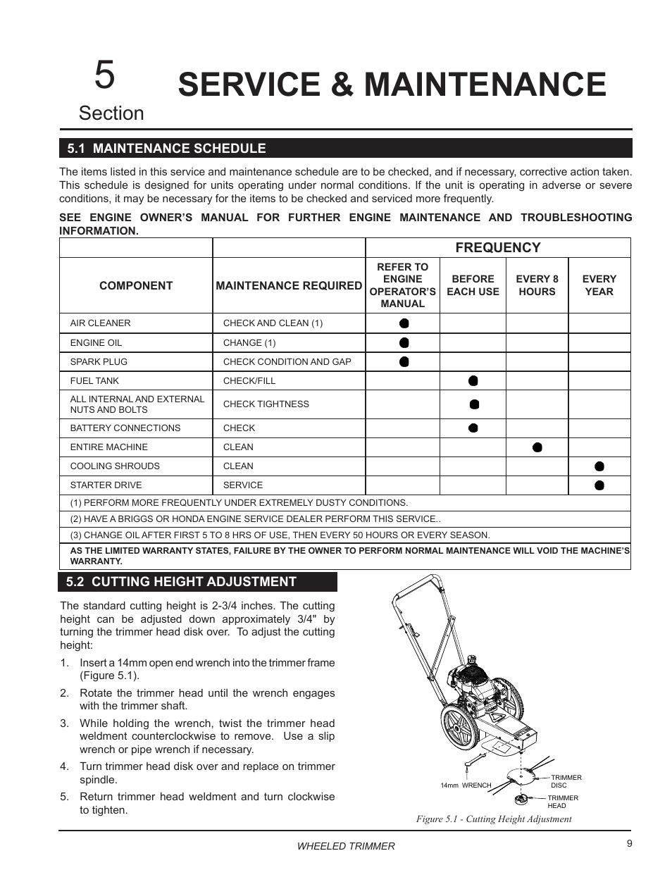 Service & maintenance, 1 maintenance schedule, 2 cutting height adjustment | Frequency | Echo WT189 Owners Manual User Manual | Page 13 / 20