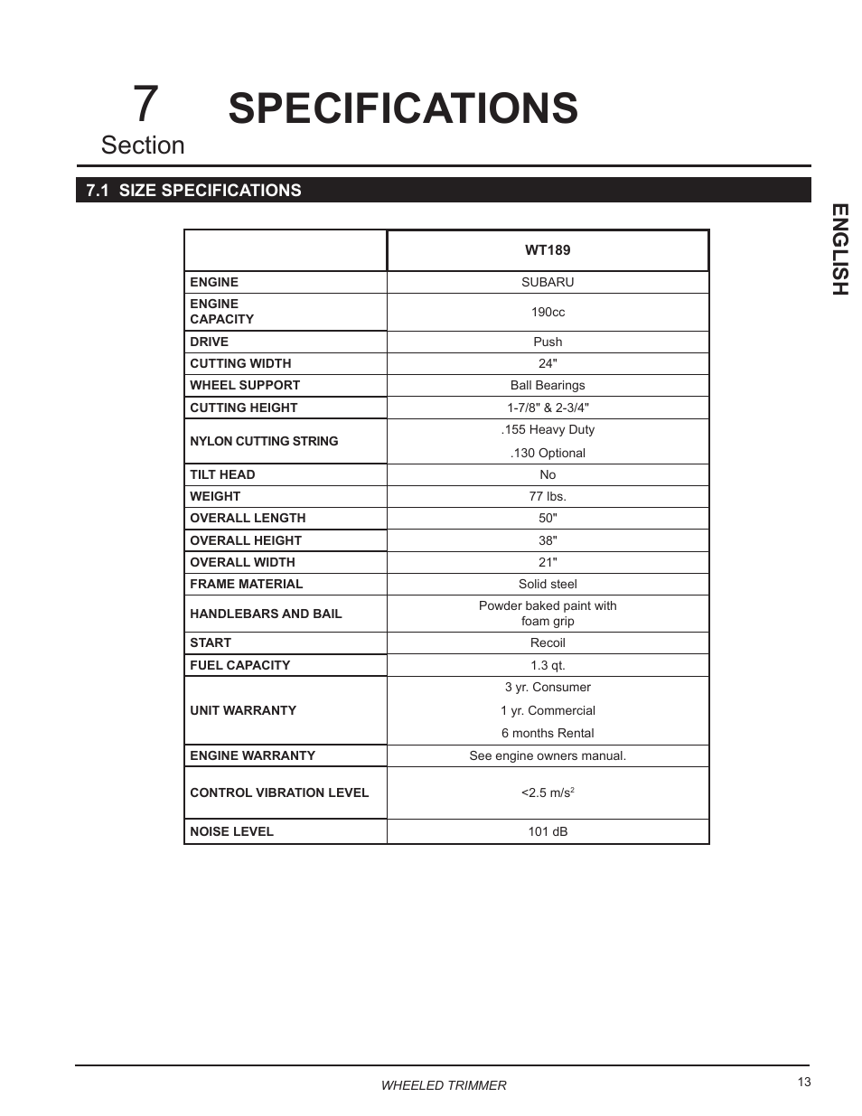 Specifications, 1 size specifications, English | Echo WT189 Owners Manual User Manual | Page 17 / 20