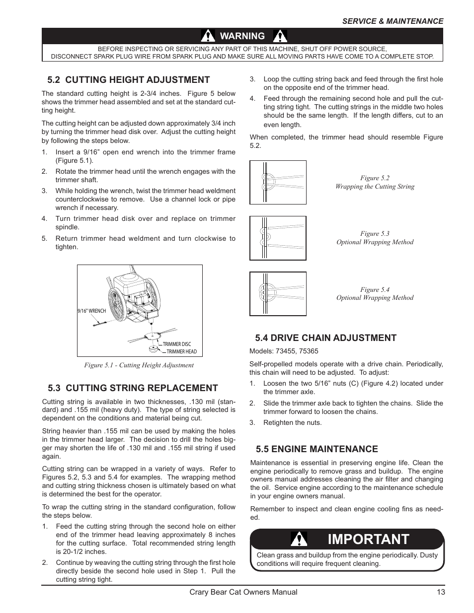 Important, Warning 5.2 cutting height adjustment, 3 cutting string replacement | 5 engine maintenance, 4 drive chain adjustment | Echo 75065 Owners Manual v.2 User Manual | Page 15 / 60