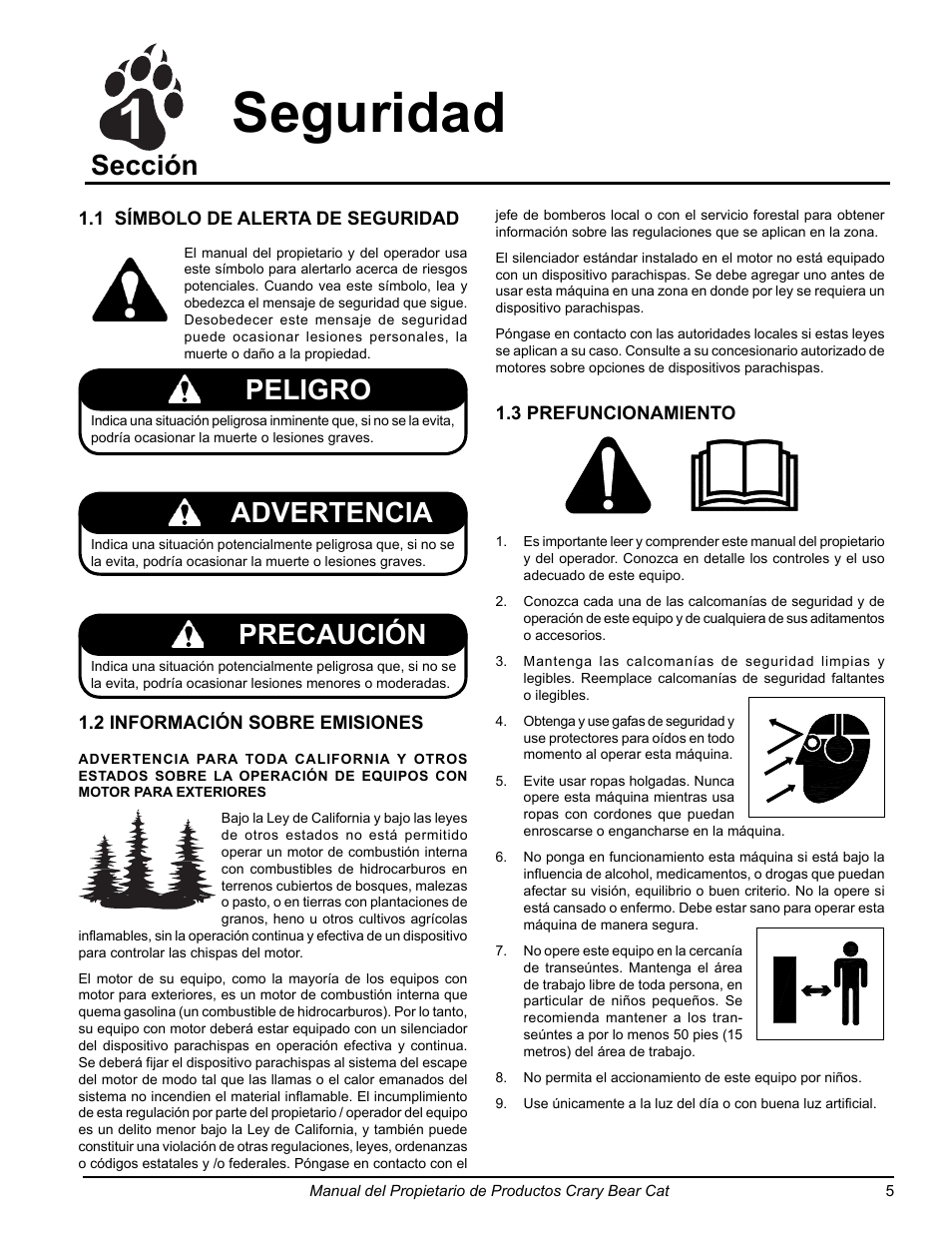 1seguridad, Sección, Peligro | Advertencia, Precaución | Echo 75065 Owners Manual v.2 User Manual | Page 23 / 60