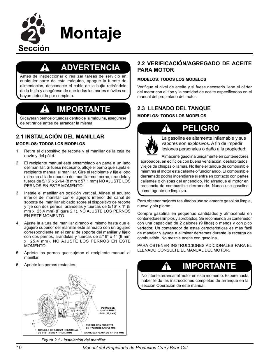 2montaje, Sección, Advertencia | Importante, Peligro importante | Echo 75065 Owners Manual v.2 User Manual | Page 28 / 60