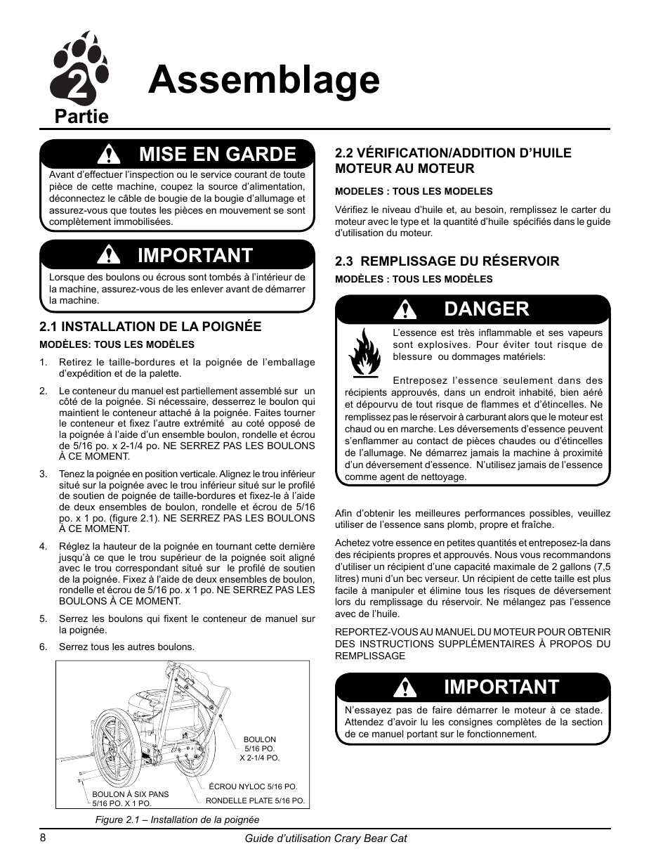 2assemblage, Partie, Mise en garde | Important, Danger important | Echo 75065 Owners Manual v.2 User Manual | Page 46 / 60