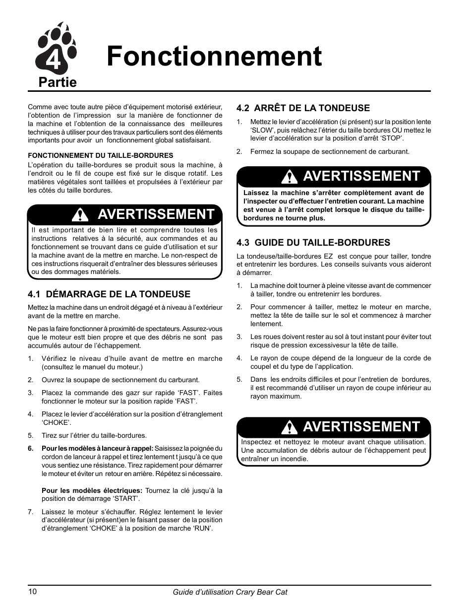 4fonctionnement, Partie, Avertissement | Echo 75065 Owners Manual v.2 User Manual | Page 48 / 60