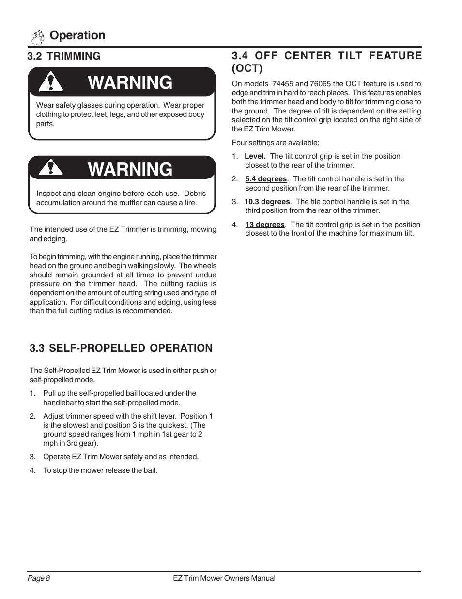 Warning, Operation, 4 off center tilt feature (oct) | 2 trimming, 3 self-propelled operation | Echo 73455 Owners Manual v.3 User Manual | Page 12 / 24