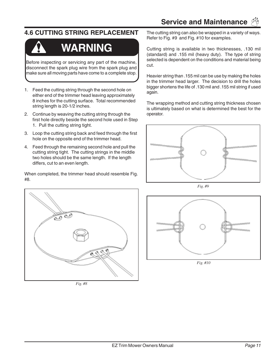 Warning, Service and maintenance, 6 cutting string replacement | Echo 73455 Owners Manual v.3 User Manual | Page 15 / 24