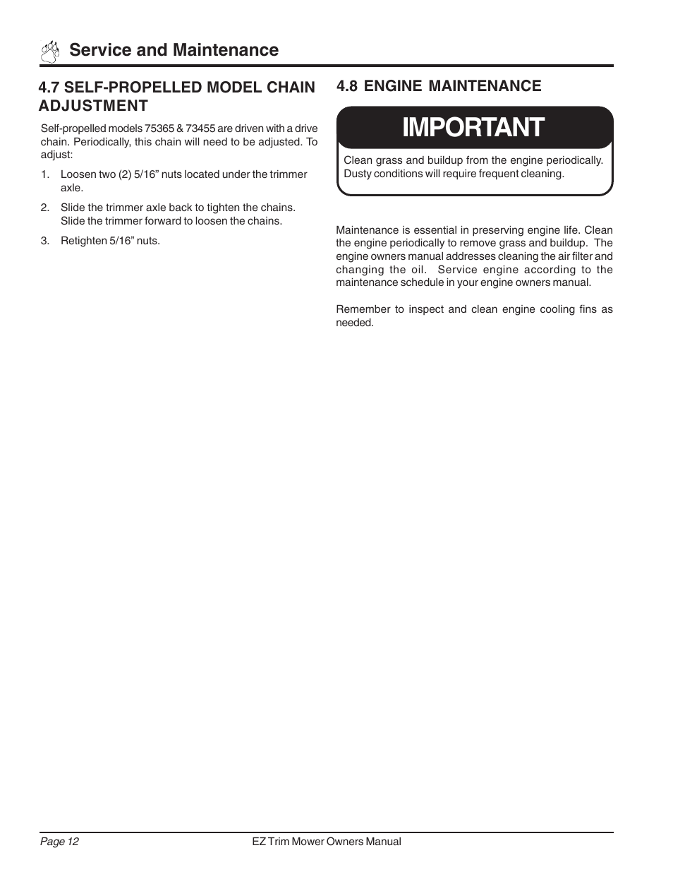 Important, Service and maintenance | Echo 73455 Owners Manual v.3 User Manual | Page 16 / 24