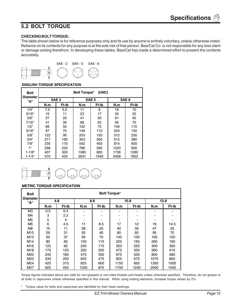 Specifications, 2 bolt torque | Echo 73455 Owners Manual v.3 User Manual | Page 19 / 24