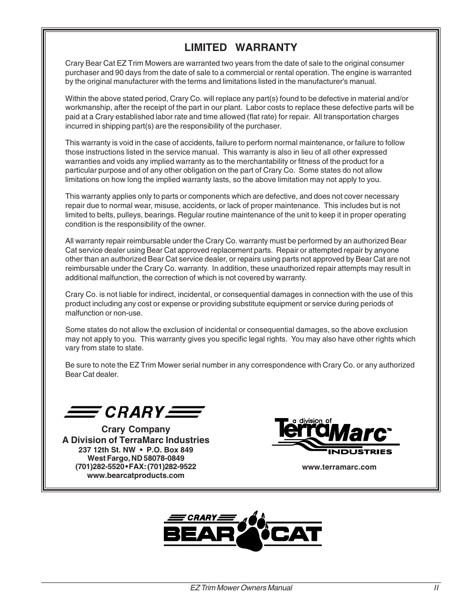 Limited warranty | Echo 73455 Owners Manual v.3 User Manual | Page 3 / 24