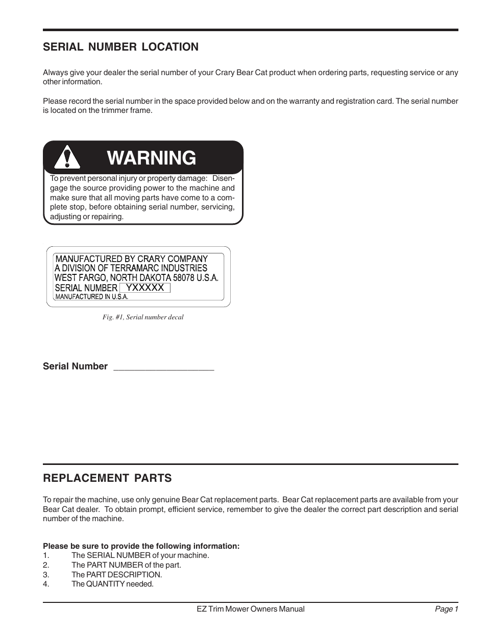 Warning, Serial number location, Replacement parts | Echo 73455 Owners Manual v.3 User Manual | Page 5 / 24