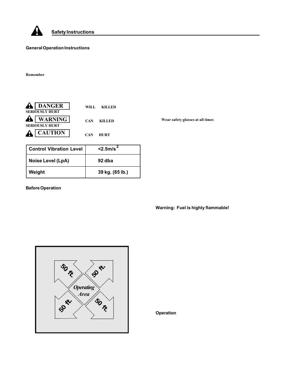 Warning caution danger, Operating area | Echo 74065S User Manual | Page 4 / 88