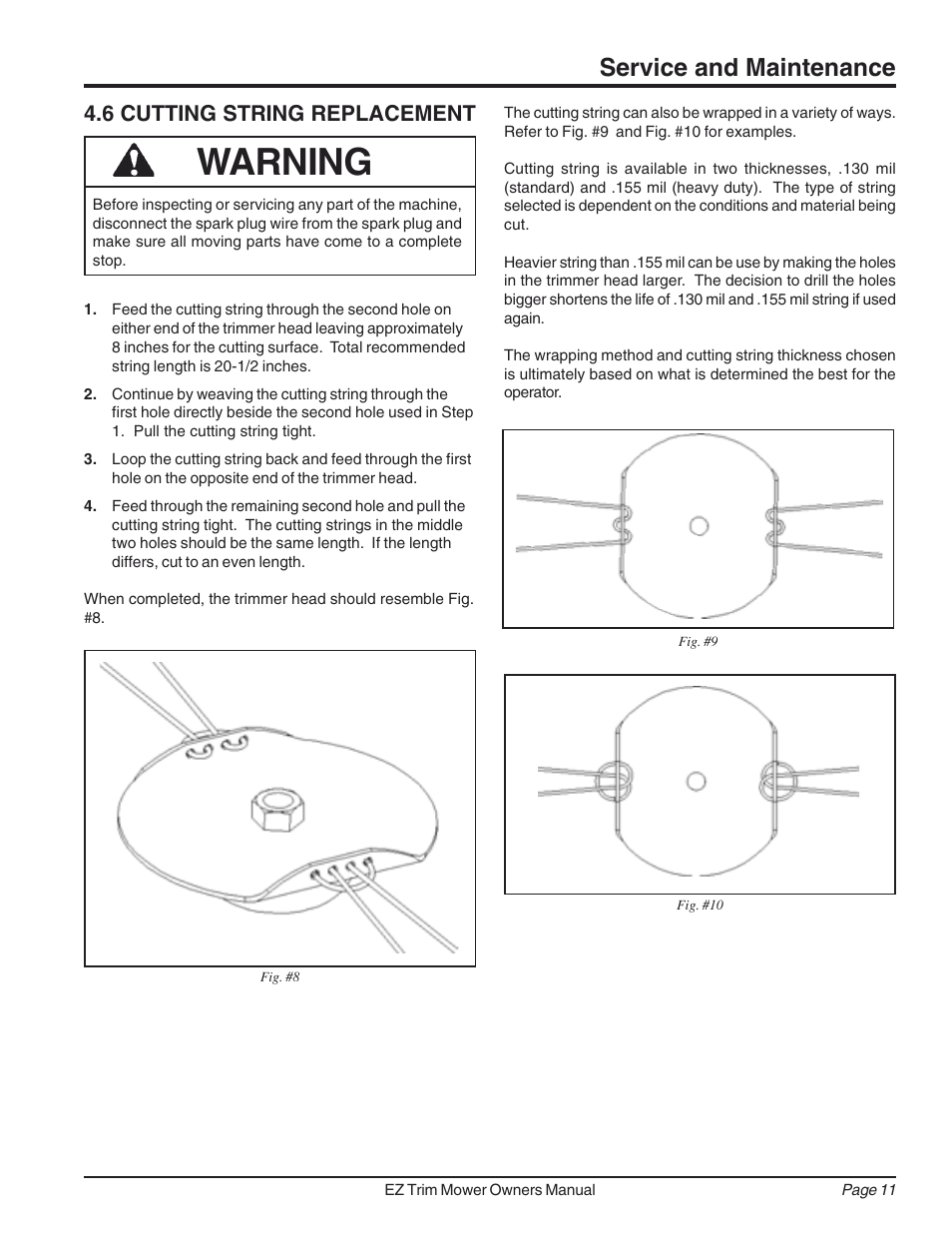Warning, Service and maintenance, 6 cutting string replacement | Echo 73040 Owners Manual v.2 User Manual | Page 15 / 22
