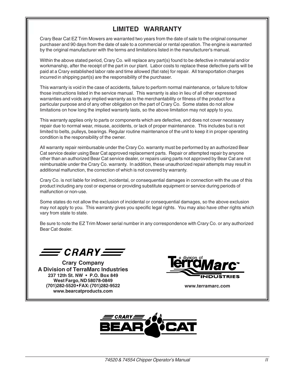 Limited warranty | Echo 73040 Owners Manual v.2 User Manual | Page 3 / 22