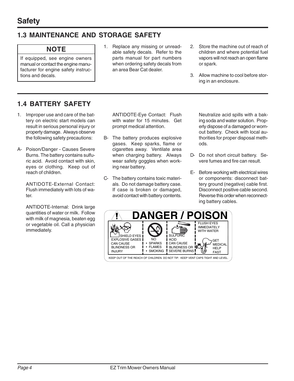 Danger / poison, Safety, 4 battery safety | 3 maintenance and storage safety | Echo 73040 Owners Manual v.2 User Manual | Page 8 / 22