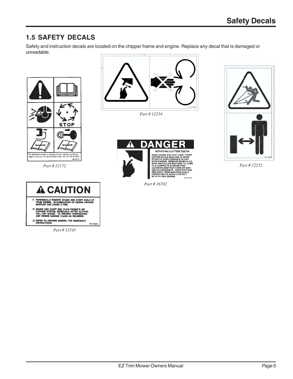 Safety decals, 5 safety decals | Echo 73040 Owners Manual v.2 User Manual | Page 9 / 22