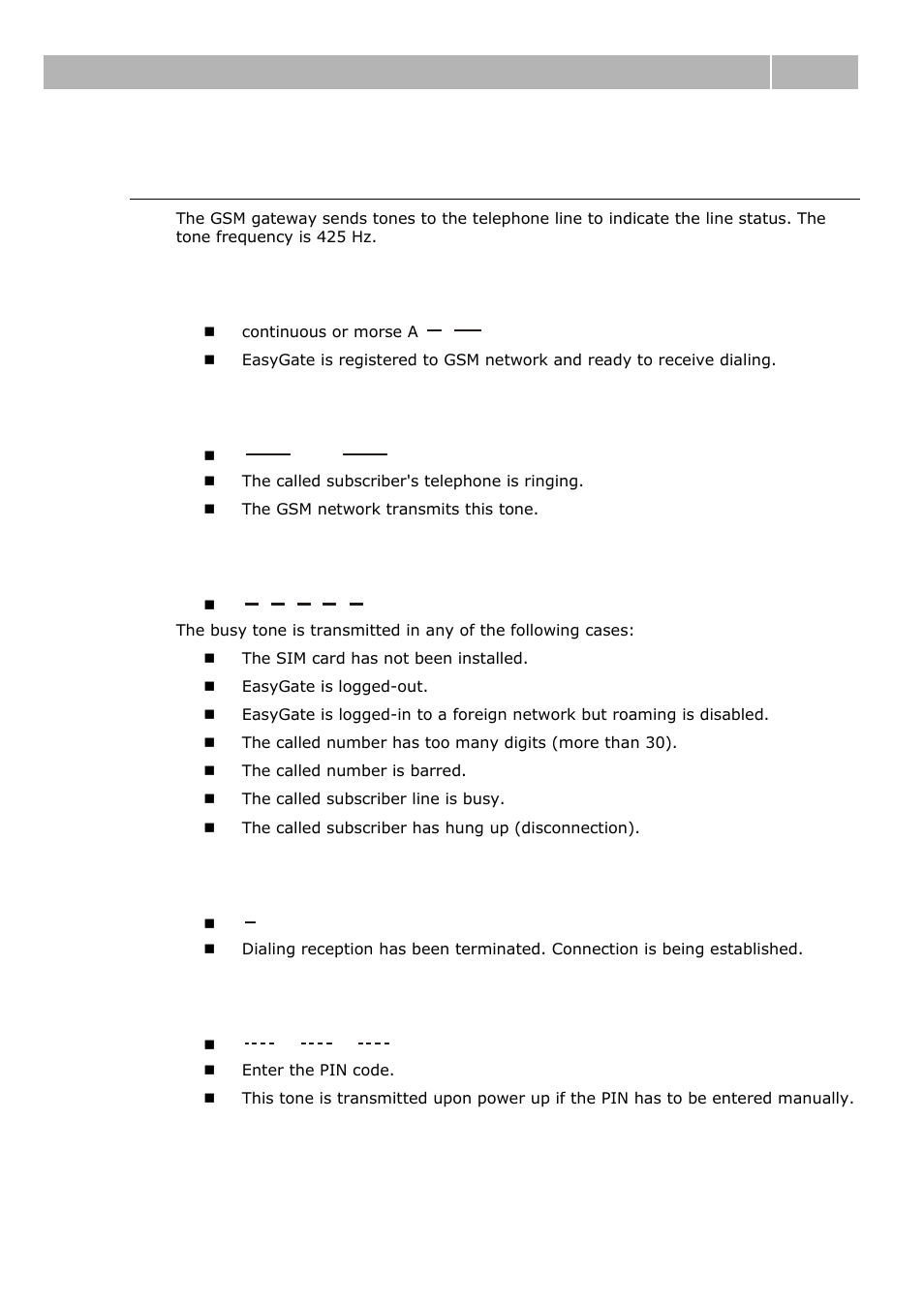 Telephone line tones – operational tones, Dial tone, Ringing tone | Busy tone, Dialing end signaling, Pin tone, Description 2.1 | 2N Analogue GSM gateway 2N EasyGate - Manual, 1575 v1.1.0.2 User Manual | Page 15 / 69