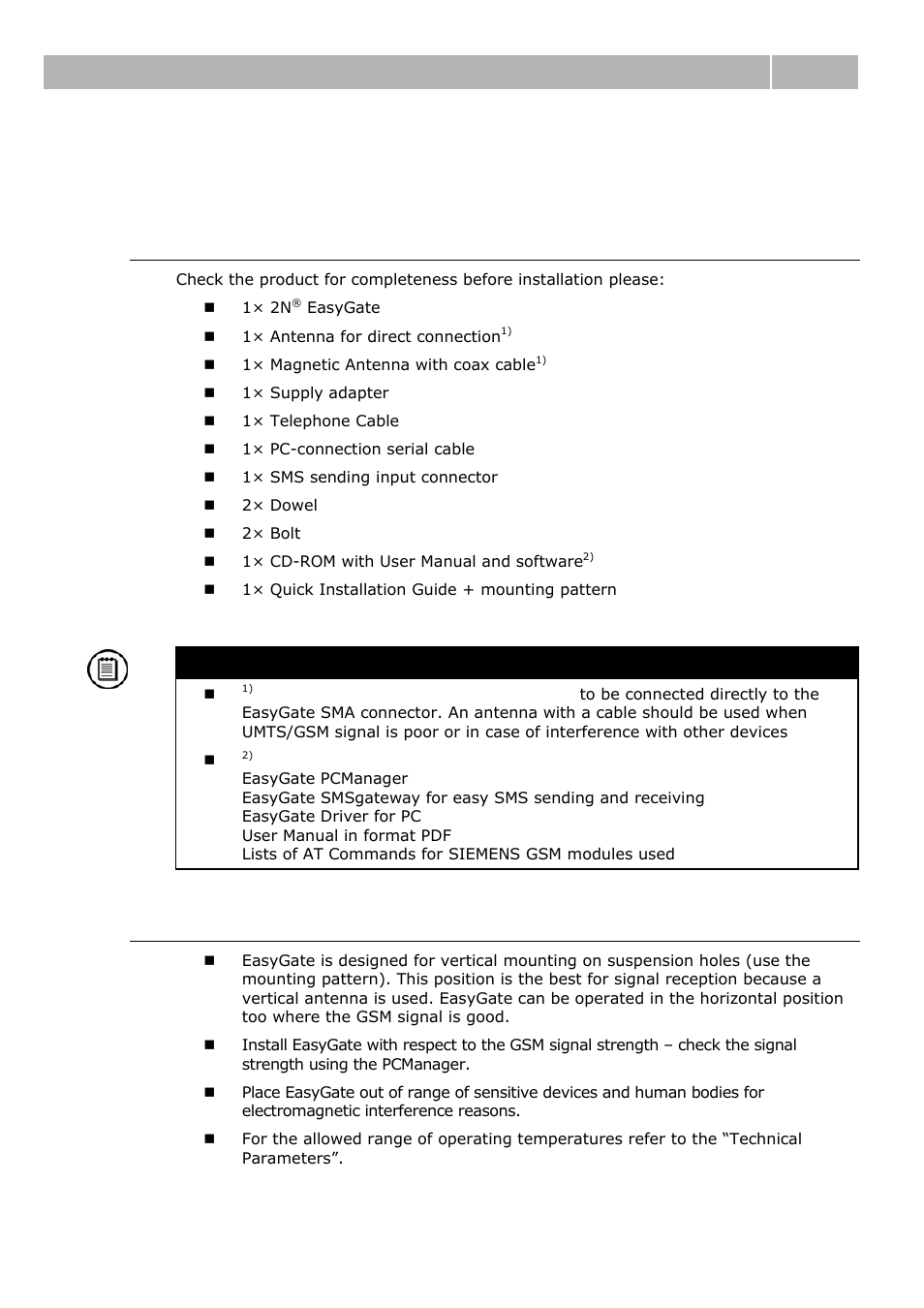 2 before you start, Product completeness check, Installation requirements | Before you start 2.2 | 2N Analogue GSM gateway 2N EasyGate - Manual, 1575 v1.1.0.2 User Manual | Page 17 / 69