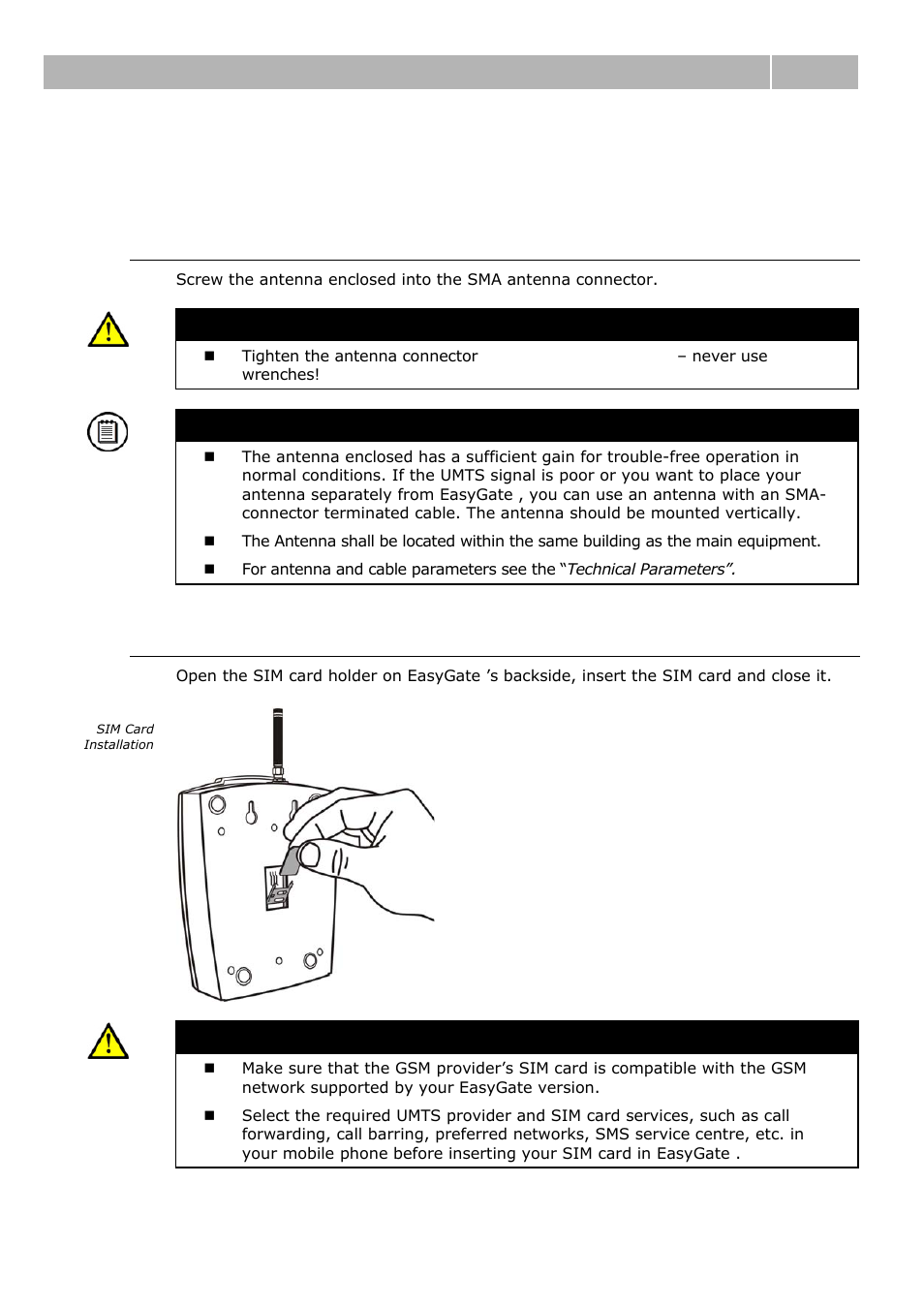 3 mounting, External antenna connection, Sim card installation | Mounting 2.3 | 2N Analogue GSM gateway 2N EasyGate - Manual, 1575 v1.1.0.2 User Manual | Page 19 / 69
