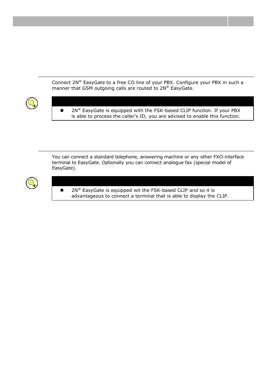 4 telephone line connection, Pbx connection, Telephone line connection 2.4 | 2N Analogue GSM gateway 2N EasyGate - Manual, 1575 v1.1.0.2 User Manual | Page 21 / 69