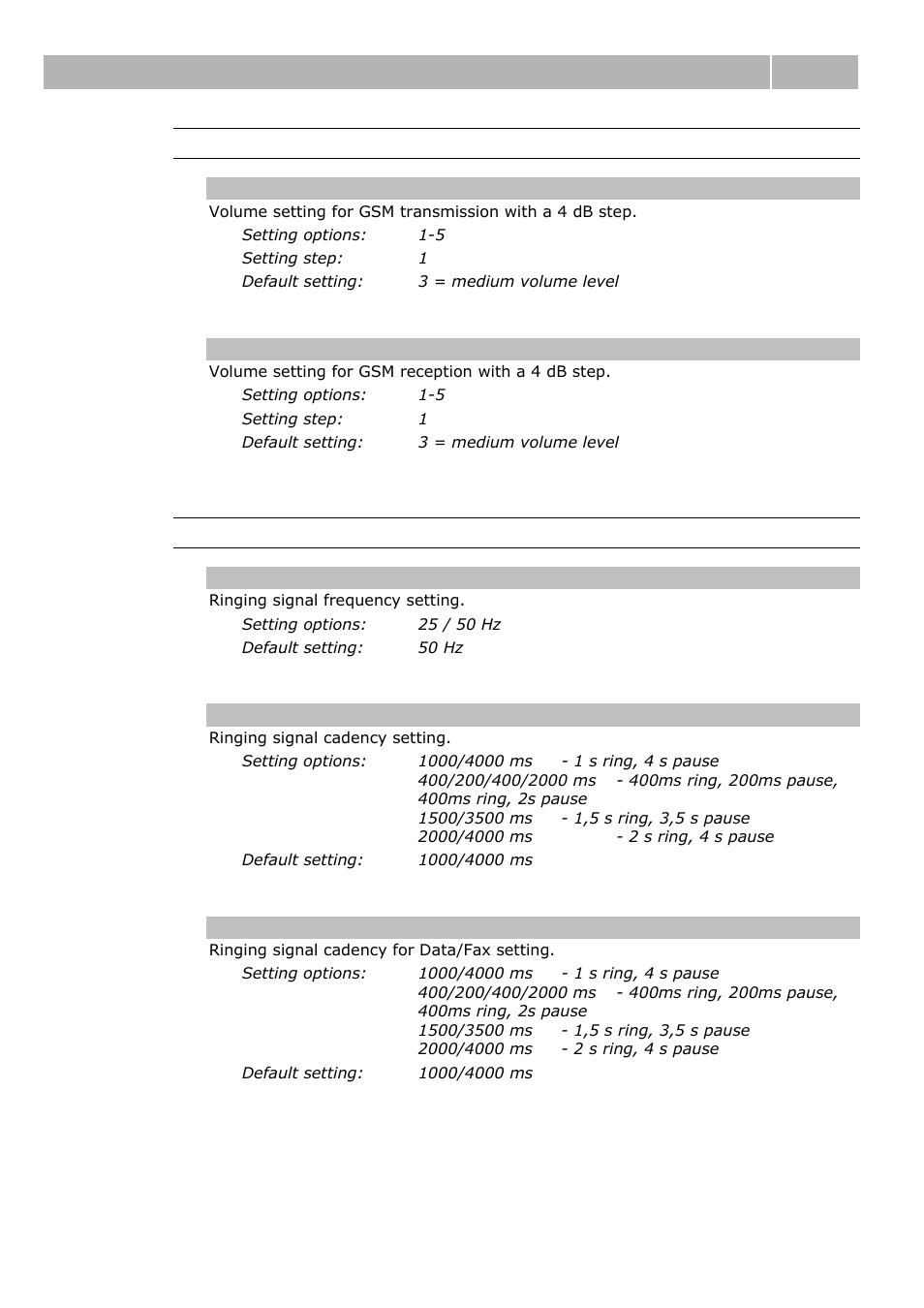 Table of parameters 3.2, 32 volumes, Ringing signal settings | 2N Analogue GSM gateway 2N EasyGate - Manual, 1575 v1.1.0.2 User Manual | Page 32 / 69