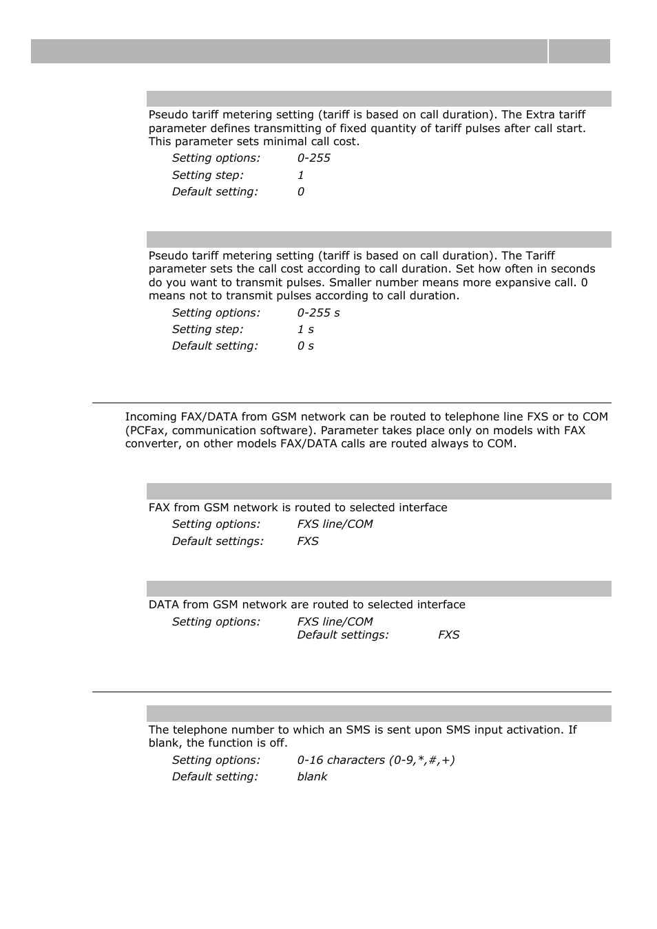 Fax/data routing parametres, Sms sending input parameters, Table of parameters 3.2 | 2N Analogue GSM gateway 2N EasyGate - Manual, 1575 v1.1.0.2 User Manual | Page 36 / 69