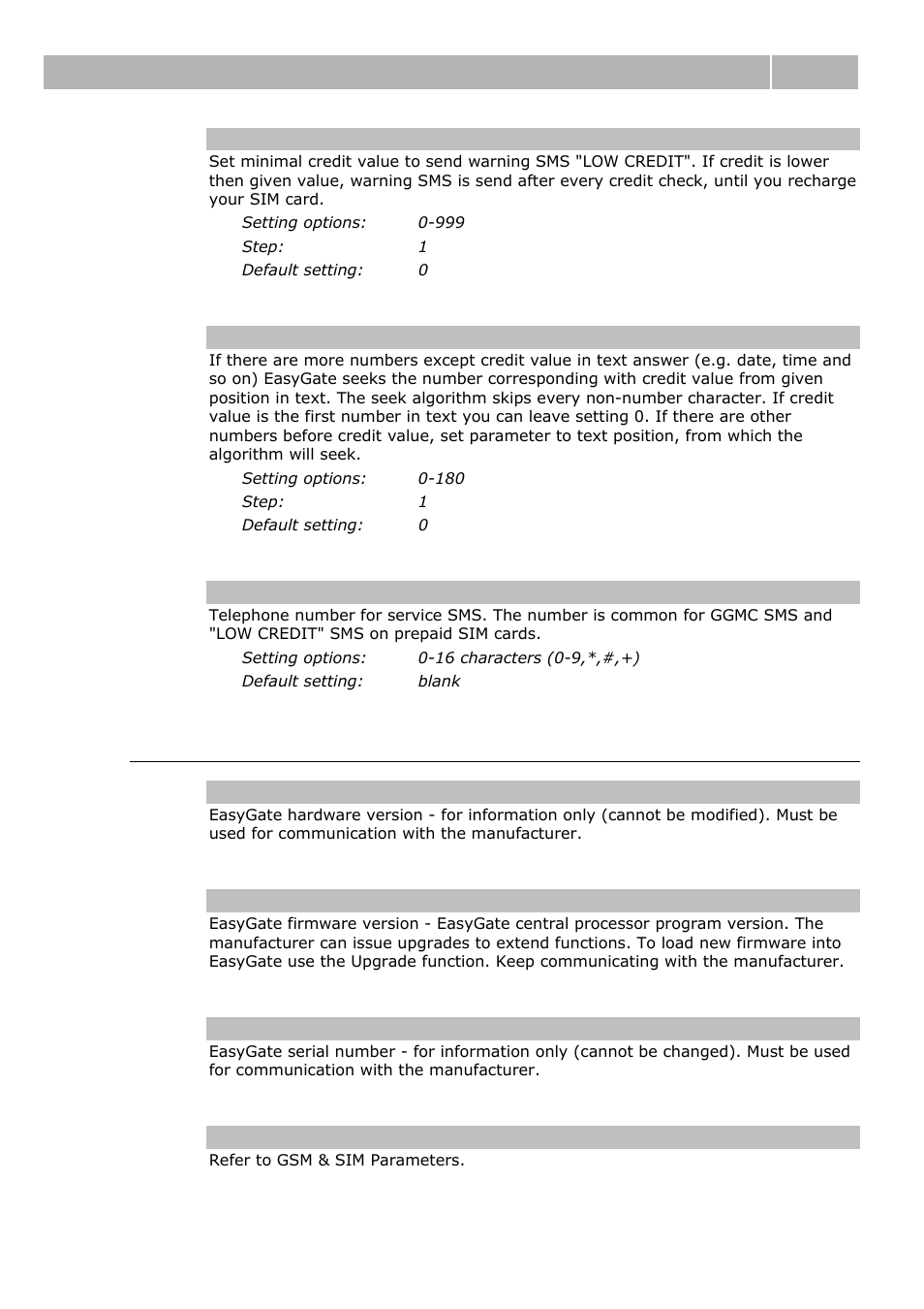 Service parameters, Table of parameters 3.2 | 2N Analogue GSM gateway 2N EasyGate - Manual, 1575 v1.1.0.2 User Manual | Page 39 / 69