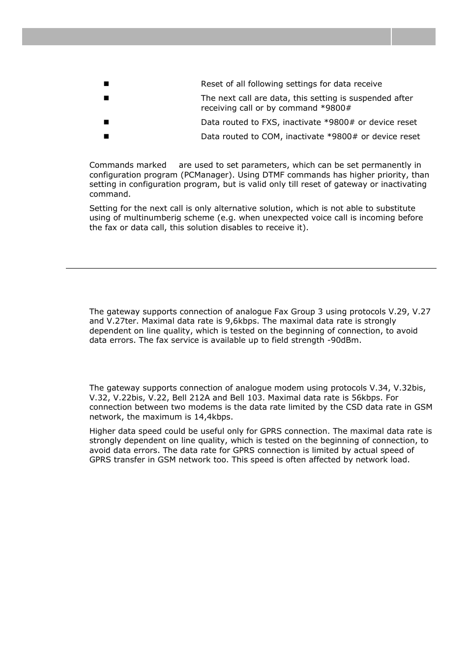 Supported fax and data protocols, Supported fax protocols, Supported data protocols | Fax and data function 4.2 | 2N Analogue GSM gateway 2N EasyGate - Manual, 1575 v1.1.0.2 User Manual | Page 50 / 69