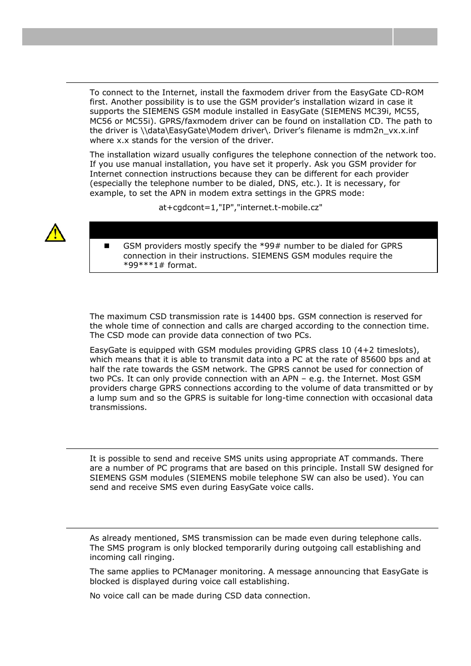 Csd or high-speed gprs data connection to internet, Sms sending and receiving, Combination of com traffic with voice calls | Csd or gprs data connection, Com – serial interface 4.4 | 2N Analogue GSM gateway 2N EasyGate - Manual, 1575 v1.1.0.2 User Manual | Page 53 / 69