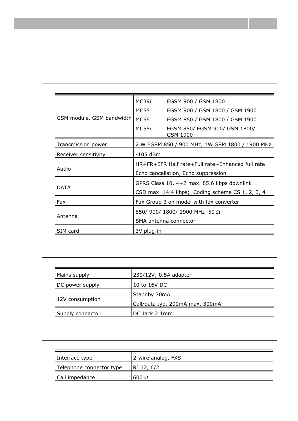 1 technical parameters, Power supply, Telephone interface | Technical parameters 5.1 | 2N Analogue GSM gateway 2N EasyGate - Manual, 1575 v1.1.0.2 User Manual | Page 58 / 69