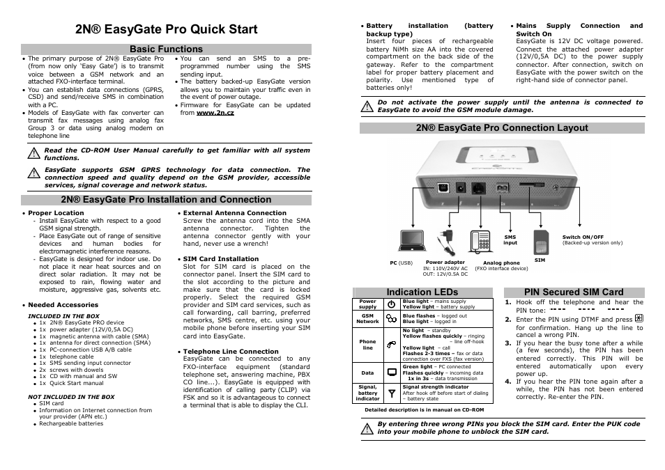 2n® easygate pro quick start, Basic functions, 2n® easygate pro installation and connection | 2n® easygate pro connection layout, Pin secured sim card, Indication leds | 2N Fixed line replacement with 2N EasyGate PRO - Quick Start, 1711 v1.01 User Manual | Page 2 / 2