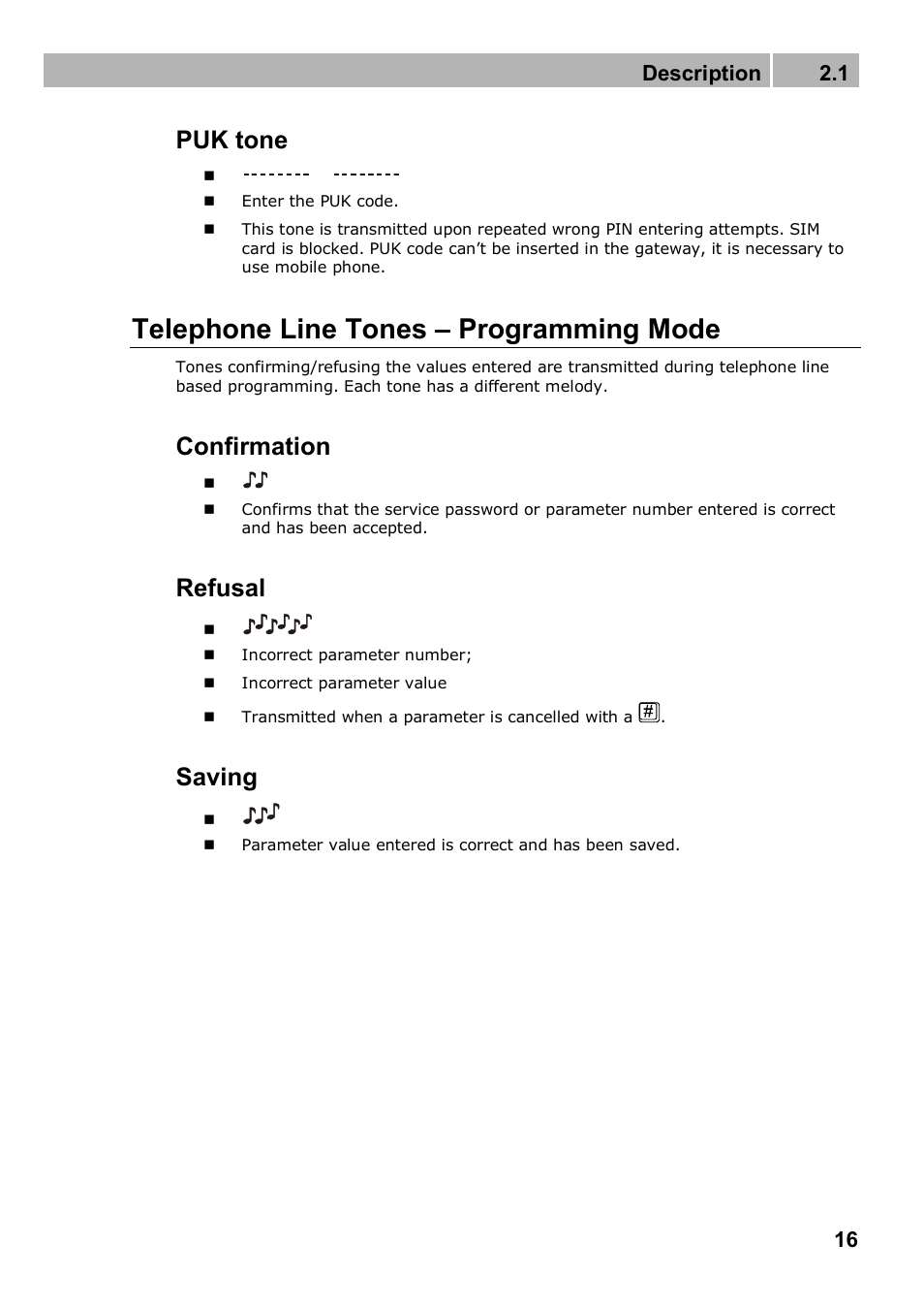 Telephone line tones – programming mode, Puk tone, Confirmation | Refusal, Saving, Description 2.1 | 2N Analogue GSM gateway 2N EasyGate PRO - Manual, 1749 v1.03 User Manual | Page 16 / 79