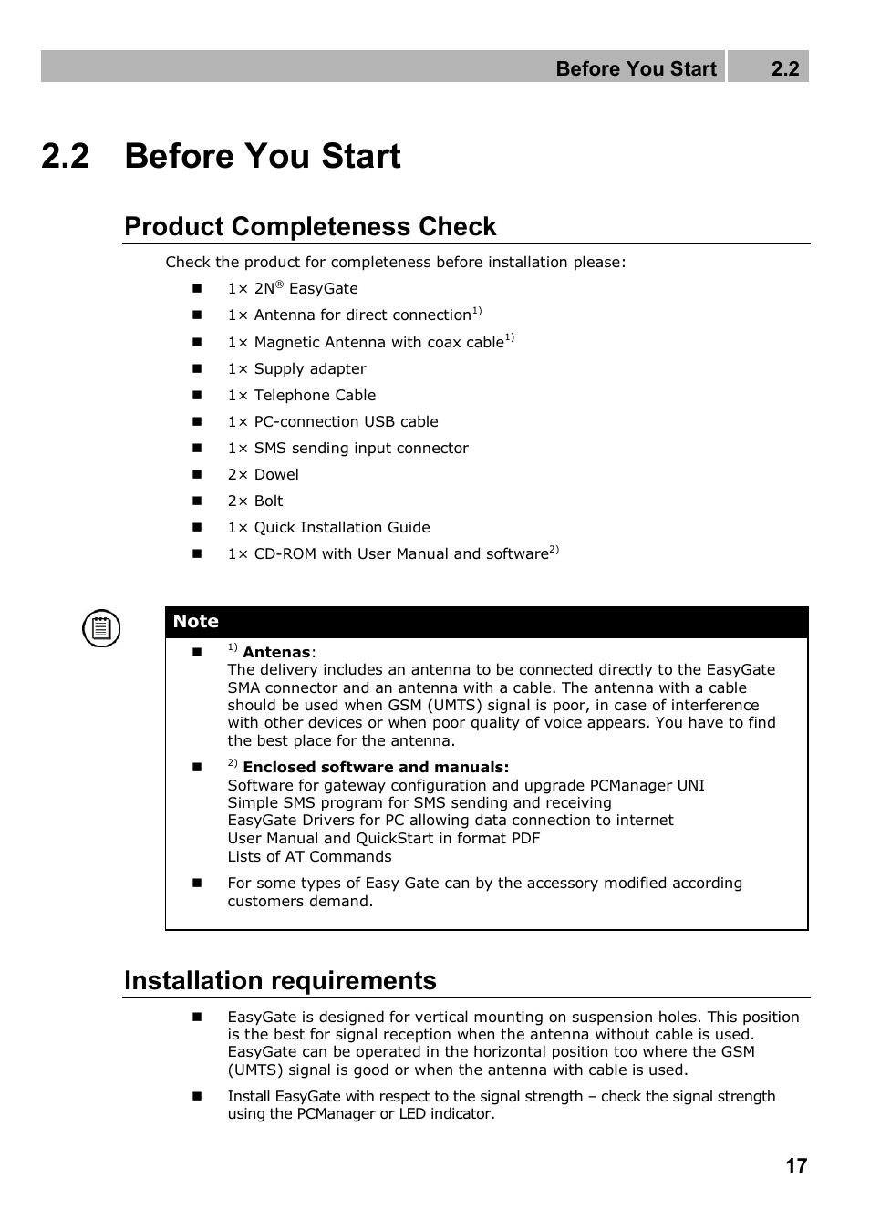 2 before you start, Product completeness check, Installation requirements | Before you start 2.2 | 2N Analogue GSM gateway 2N EasyGate PRO - Manual, 1749 v1.03 User Manual | Page 17 / 79