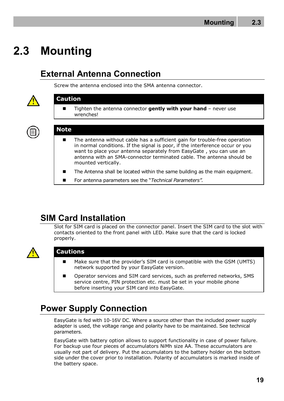 3 mounting, External antenna connection, Sim card installation | Power supply connection, Mounting 2.3 | 2N Analogue GSM gateway 2N EasyGate PRO - Manual, 1749 v1.03 User Manual | Page 19 / 79