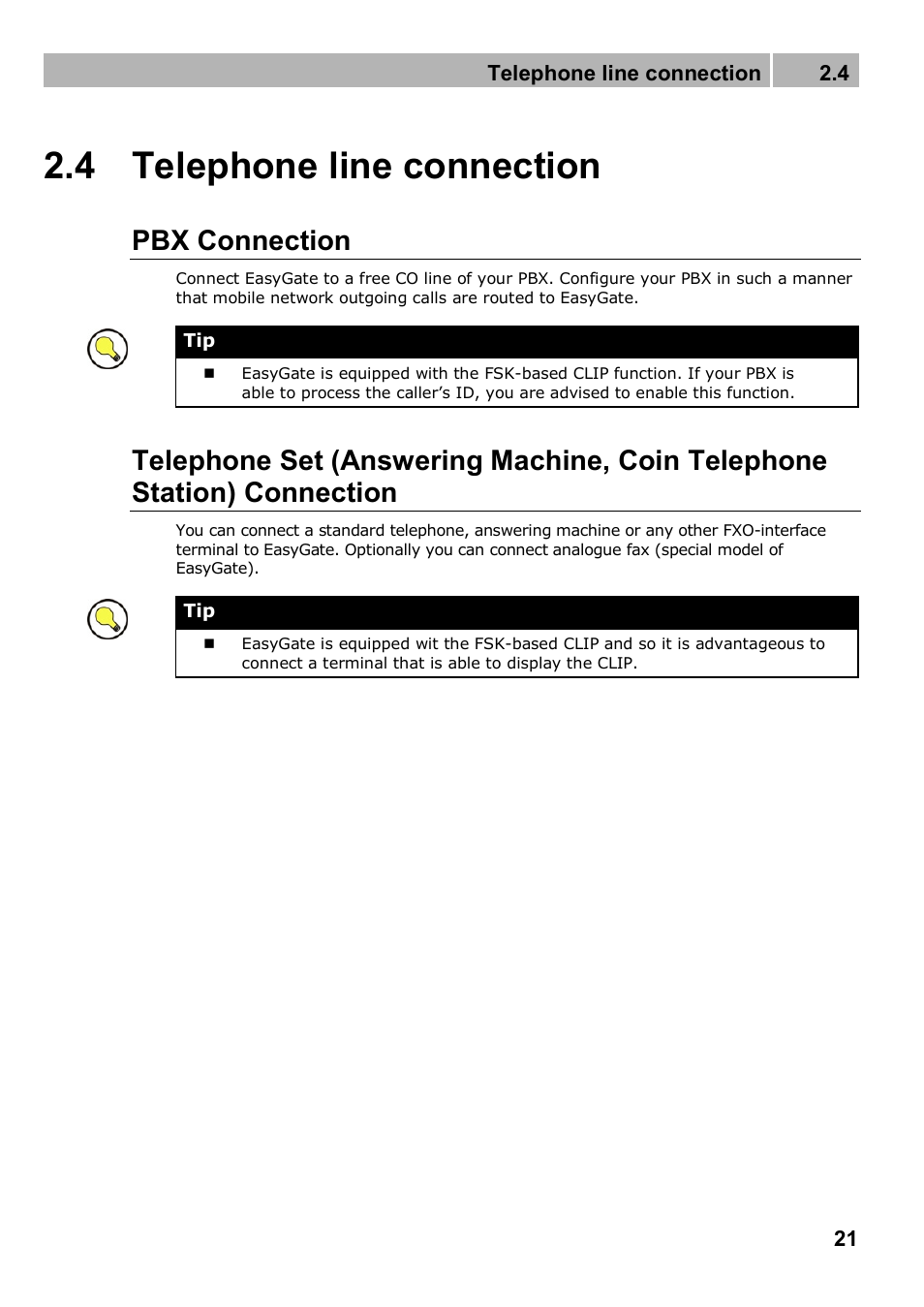 4 telephone line connection, Pbx connection | 2N Analogue GSM gateway 2N EasyGate PRO - Manual, 1749 v1.03 User Manual | Page 21 / 79