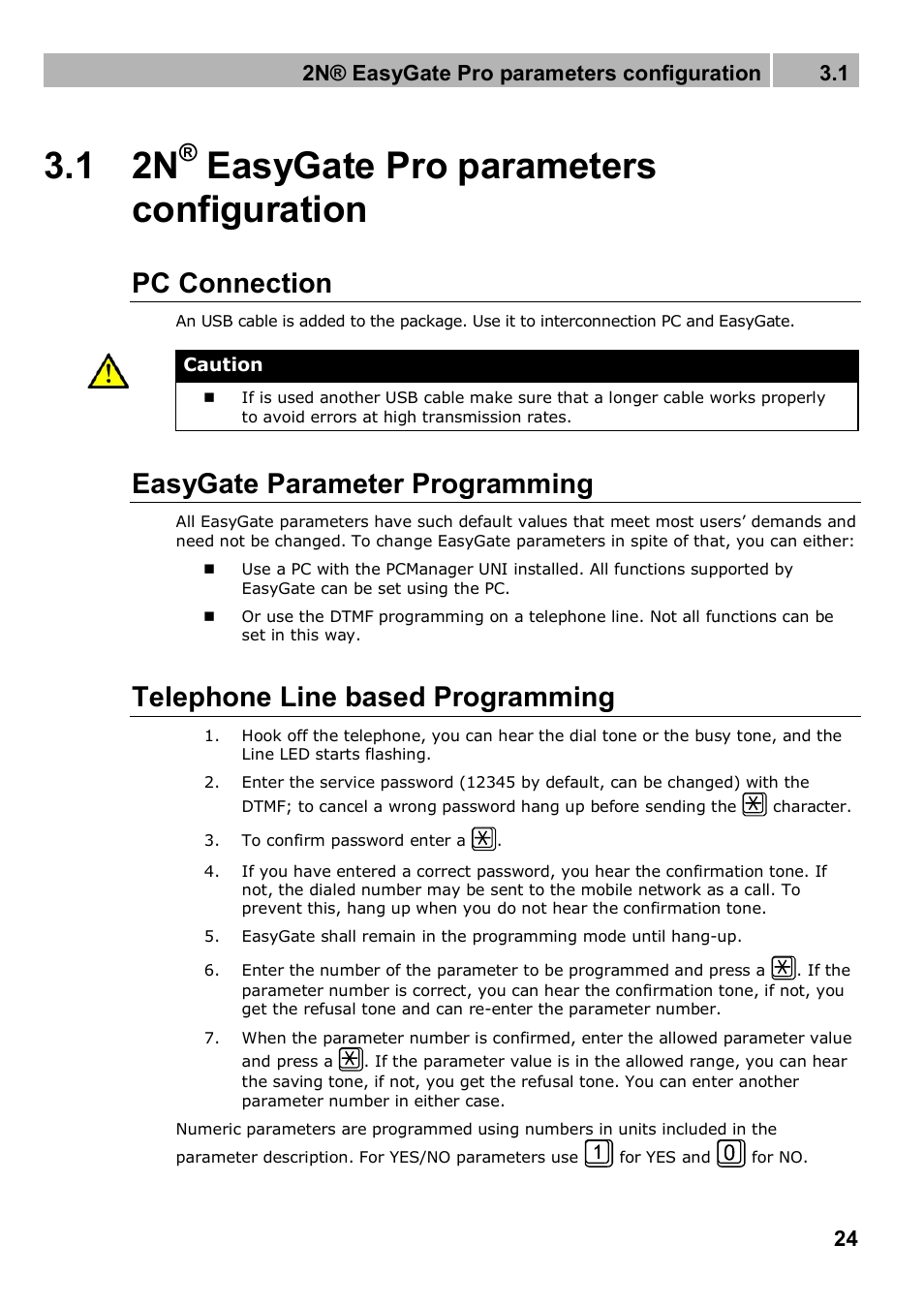 1 2n, Easygate pro parameters configuration, Pc connection | Easygate parameter programming, Telephone line based programming | 2N Analogue GSM gateway 2N EasyGate PRO - Manual, 1749 v1.03 User Manual | Page 24 / 79