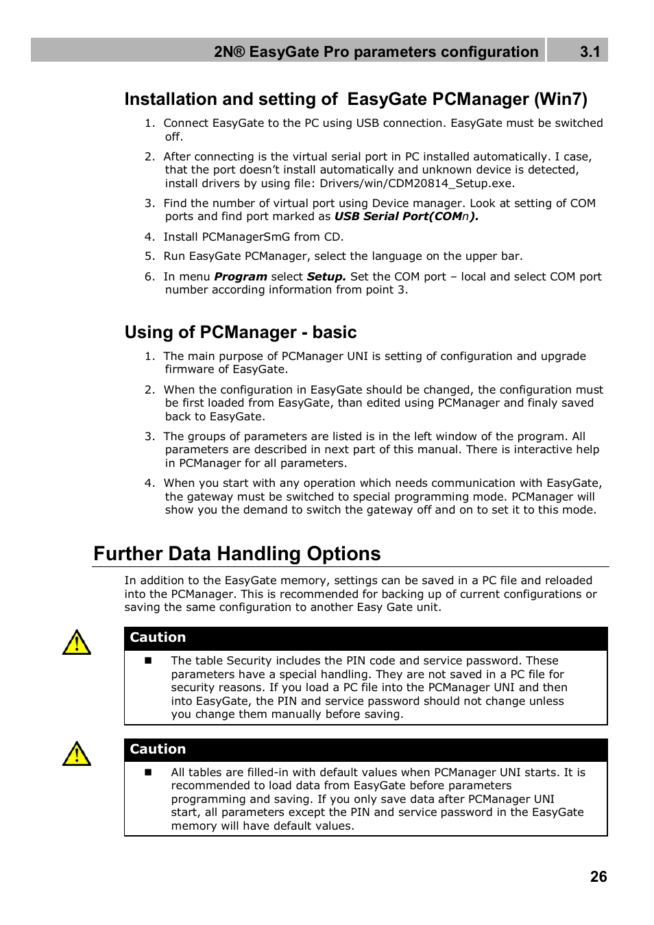 Further data handling options, Using of pcmanager - basic, 2n® easygate pro parameters configuration 3.1 | 2N Analogue GSM gateway 2N EasyGate PRO - Manual, 1749 v1.03 User Manual | Page 26 / 79