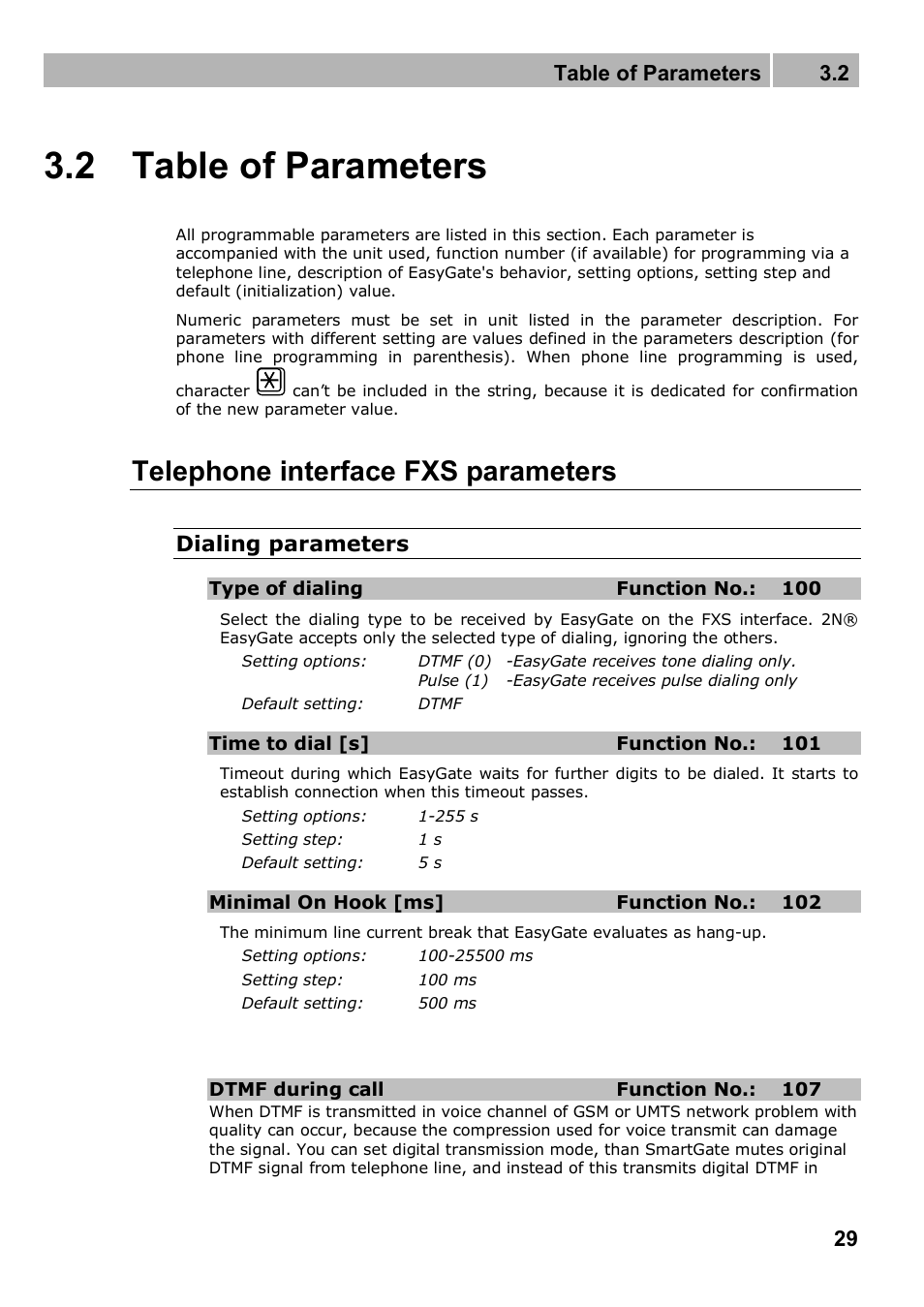 2 table of parameters, Telephone interface fxs parameters, Table of parameters 3.2 | Dialing parameters | 2N Analogue GSM gateway 2N EasyGate PRO - Manual, 1749 v1.03 User Manual | Page 29 / 79