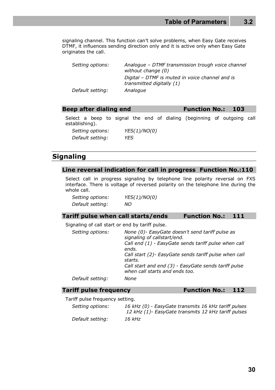 Table of parameters 3.2, Signaling | 2N Analogue GSM gateway 2N EasyGate PRO - Manual, 1749 v1.03 User Manual | Page 30 / 79