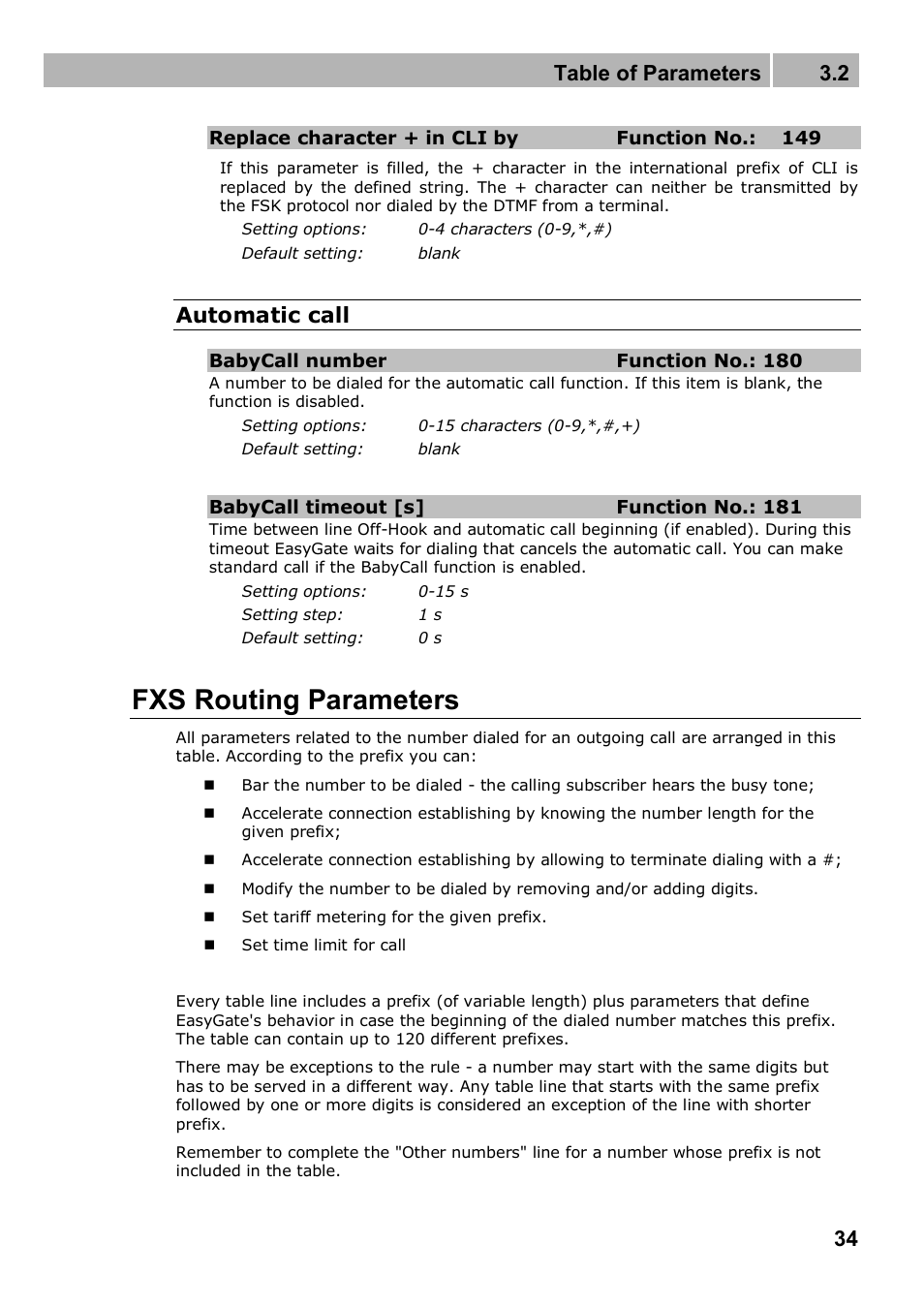 Fxs routing parameters, Table of parameters 3.2, Automatic call | 2N Analogue GSM gateway 2N EasyGate PRO - Manual, 1749 v1.03 User Manual | Page 34 / 79