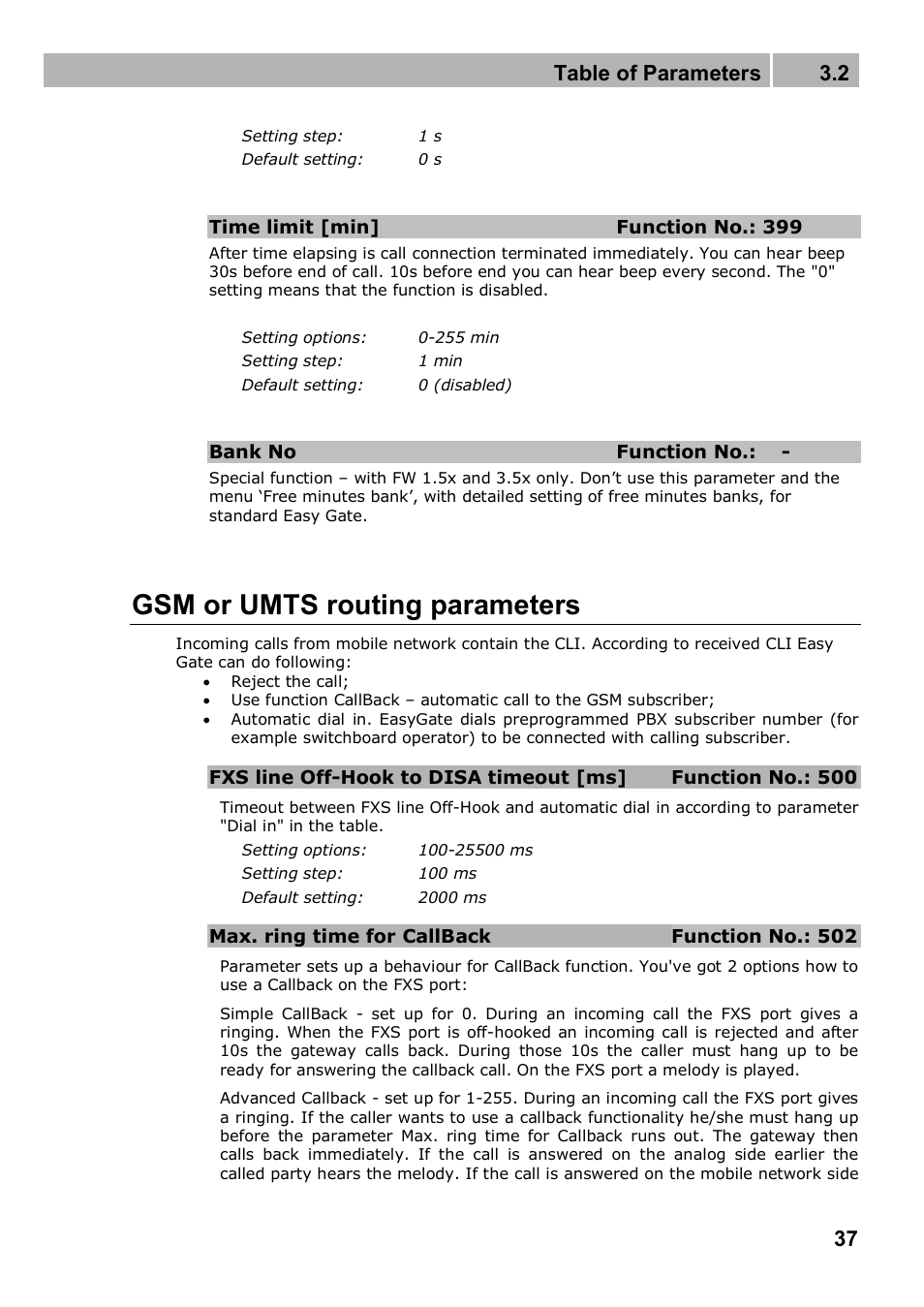 Gsm or umts routing parameters, Table of parameters 3.2 | 2N Analogue GSM gateway 2N EasyGate PRO - Manual, 1749 v1.03 User Manual | Page 37 / 79
