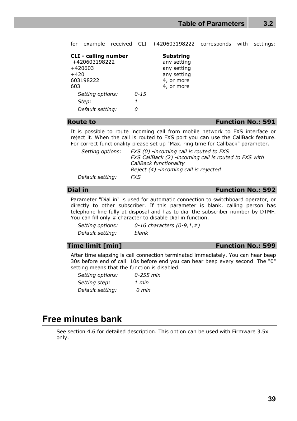 Free minutes bank, Table of parameters 3.2 | 2N Analogue GSM gateway 2N EasyGate PRO - Manual, 1749 v1.03 User Manual | Page 39 / 79