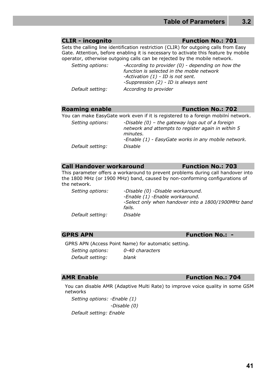 Table of parameters 3.2 | 2N Analogue GSM gateway 2N EasyGate PRO - Manual, 1749 v1.03 User Manual | Page 41 / 79