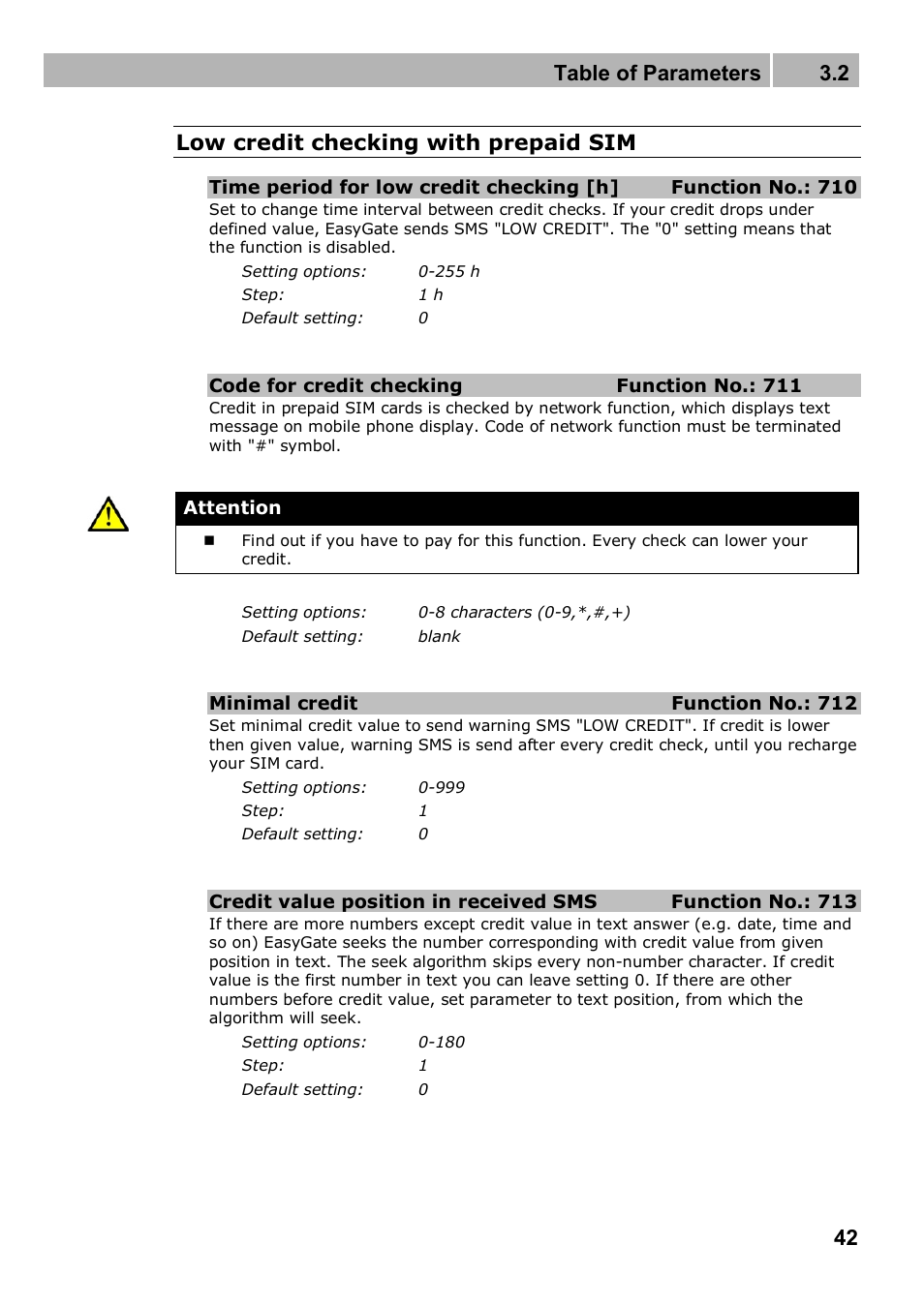 Table of parameters 3.2, 42 low credit checking with prepaid sim | 2N Analogue GSM gateway 2N EasyGate PRO - Manual, 1749 v1.03 User Manual | Page 42 / 79