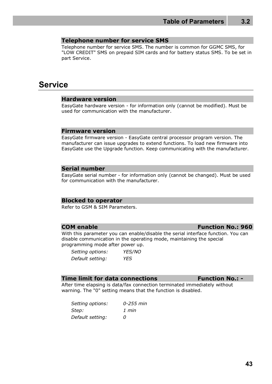 Service, Table of parameters 3.2 | 2N Analogue GSM gateway 2N EasyGate PRO - Manual, 1749 v1.03 User Manual | Page 43 / 79