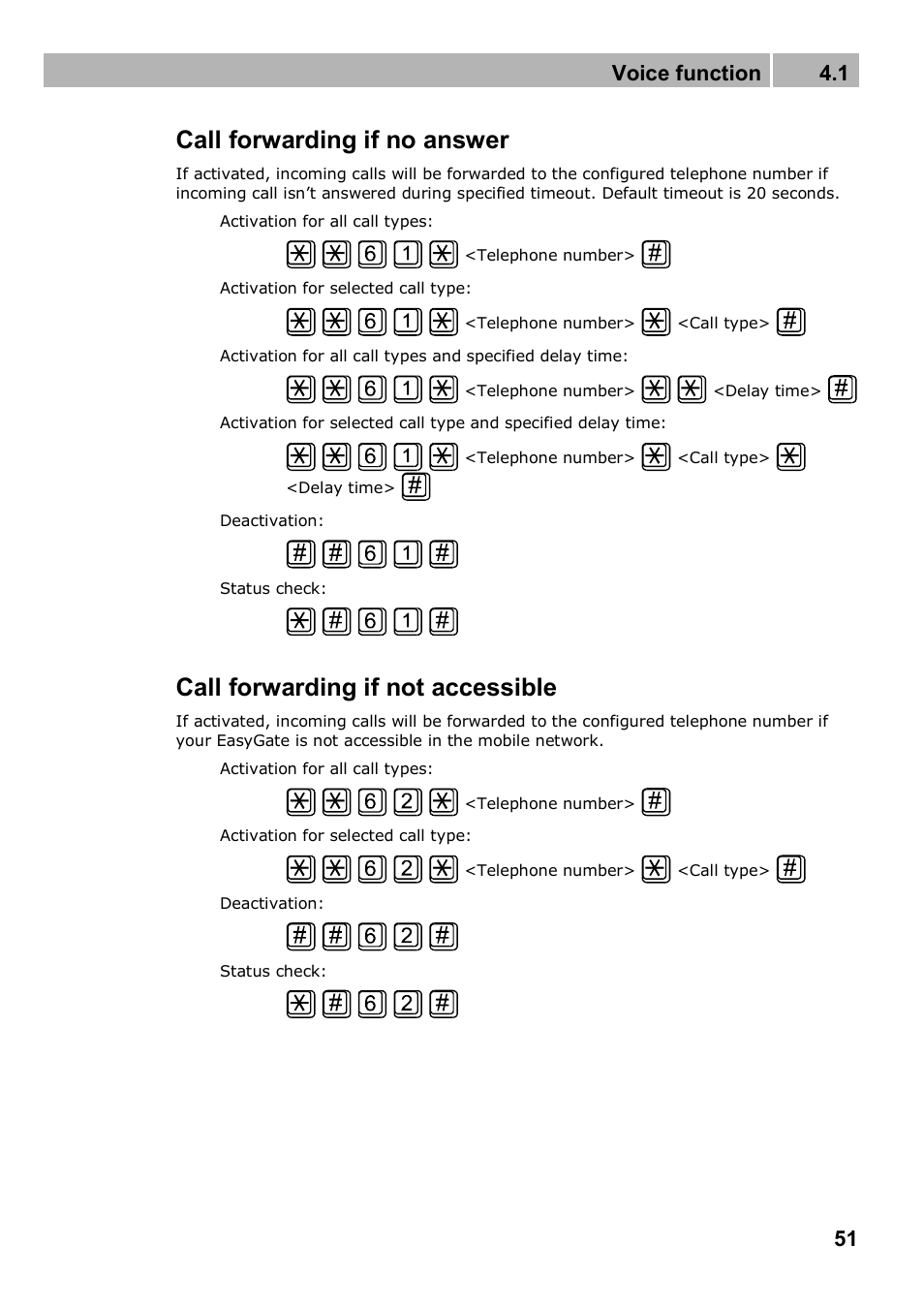 Call forwarding if no answer, Call forwarding if not accessible, Voice function 4.1 | 2N Analogue GSM gateway 2N EasyGate PRO - Manual, 1749 v1.03 User Manual | Page 51 / 79